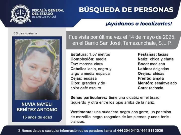 Menor de 15 años desaparecida; FGE activa alerta de búsqueda en Tamazunchale